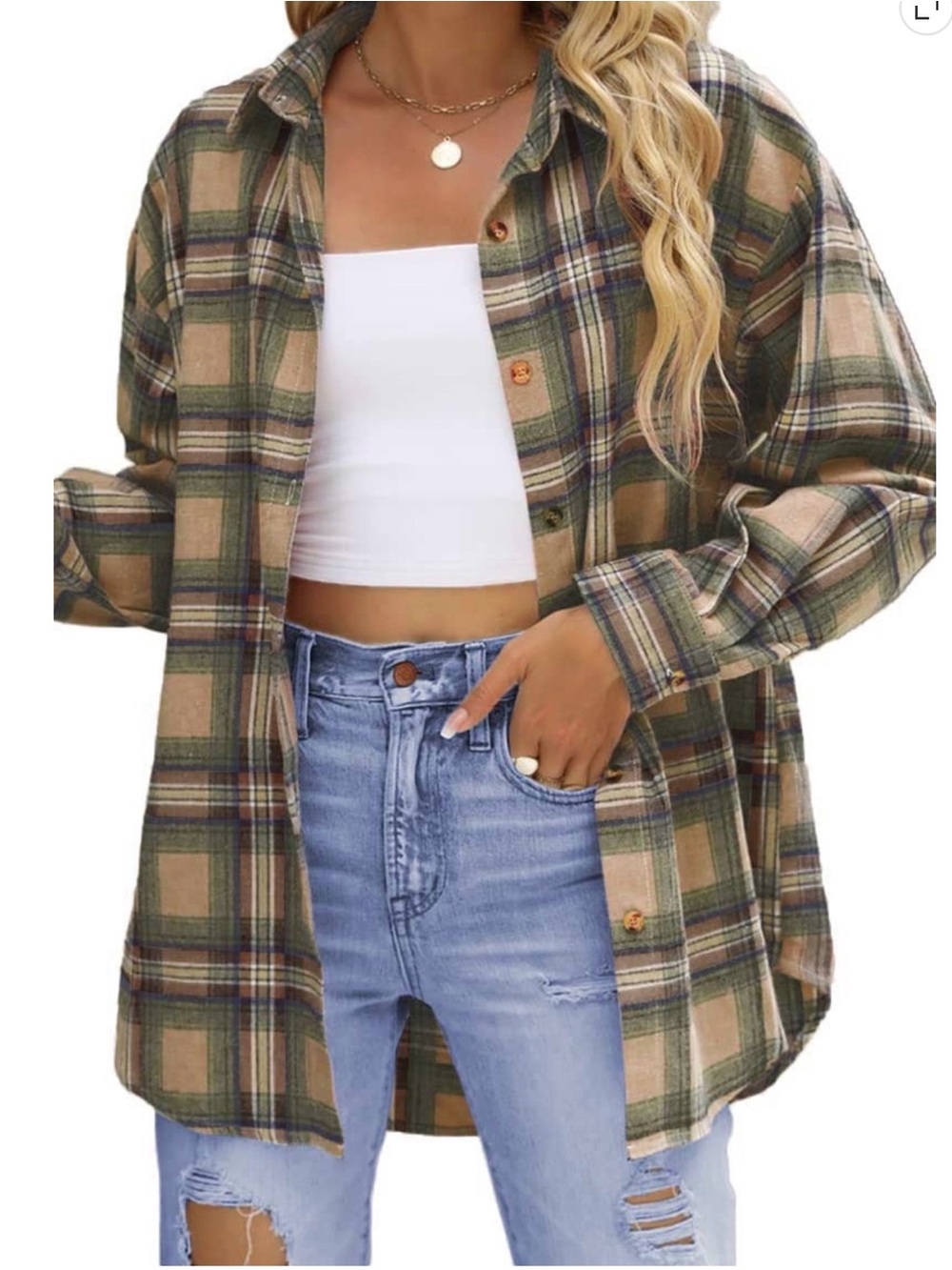 Women's Plaid Button-Down Shirt in Green and Tan - Picture 5 of 5